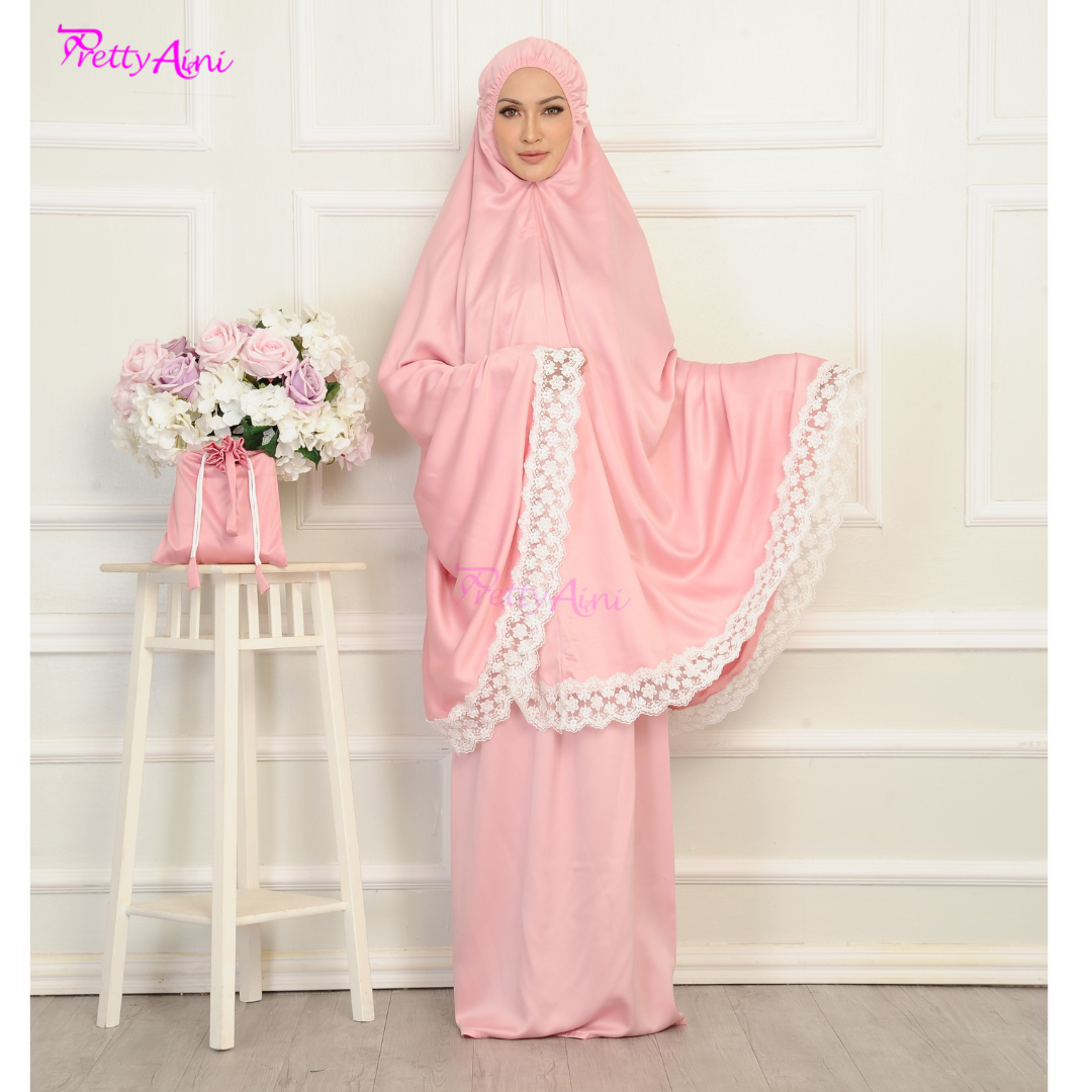 Telekung Dahlia - Flamingo X White - Image 6
